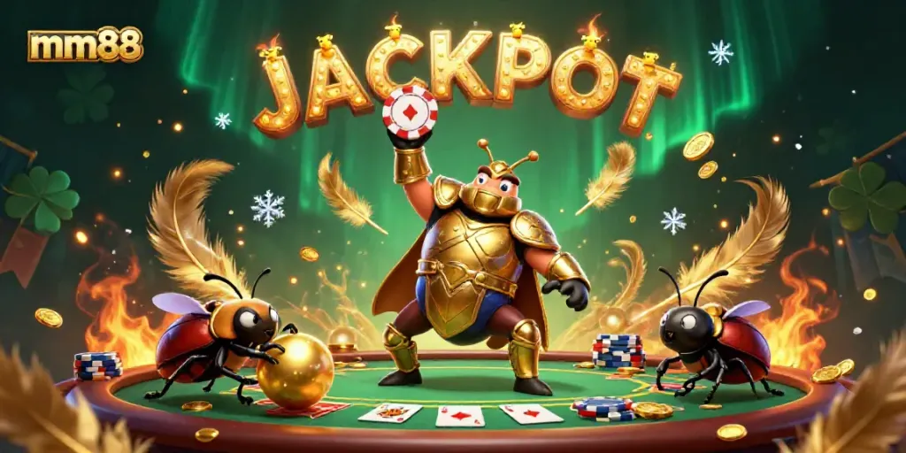 Experience the excitement of mm88 with a victorious beetle and a jackpot celebration in a vibrant casino scene.