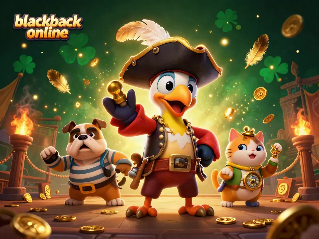 Disfruta de blackjack online con un capitán pirata y un bulldog en esta animada ilustración.