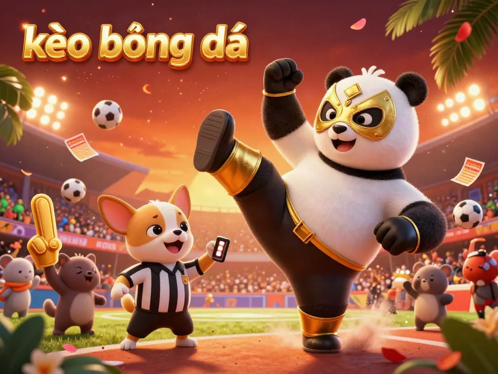 Experience the thrill of kèo bóng đá with animated scenes of a flying panda and cheering crowd.