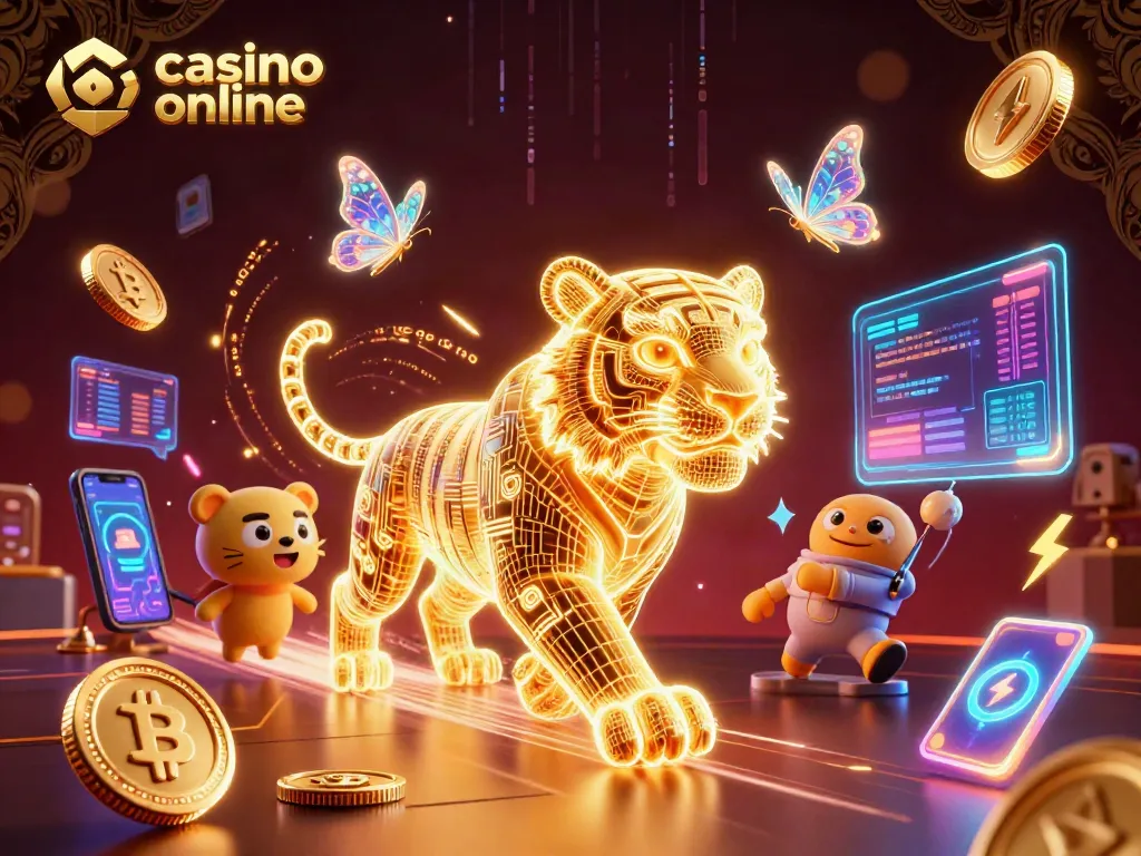 Juega en un casino online y gana con el tigre de luz, monedas de Bitcoin y elementos holográficos.