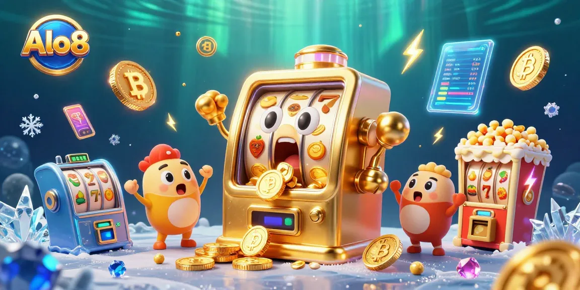 Alo8 slot machine hits jackpot with coins showering as baby slots cheer in dynamic casino scene.