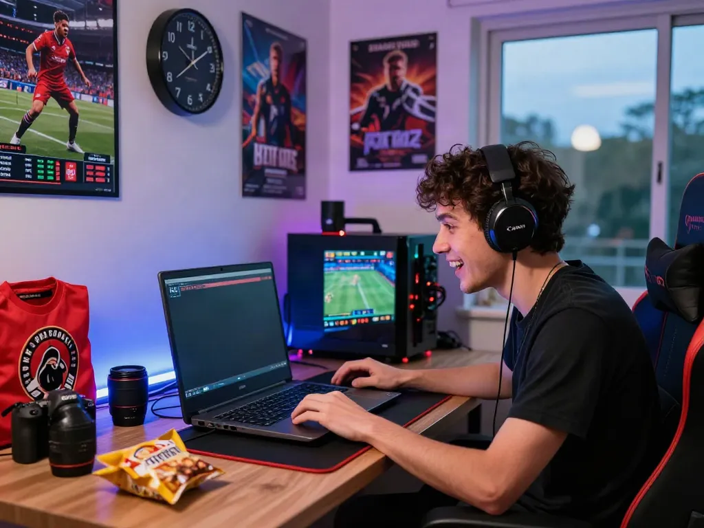 Exciting online betting scene at https://fc88v1.com/ with vibrant gaming accessories and live sports streams.