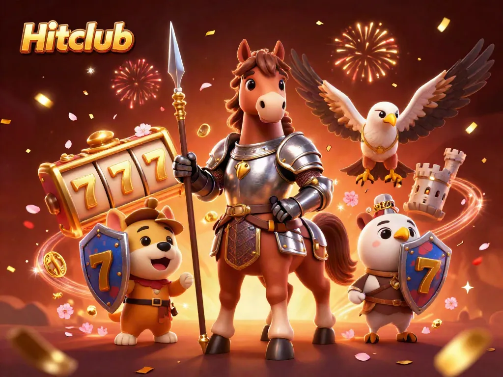 Experience thrilling gaming at Hitclub with knight, squire, and falcon amid vibrant casino elements.