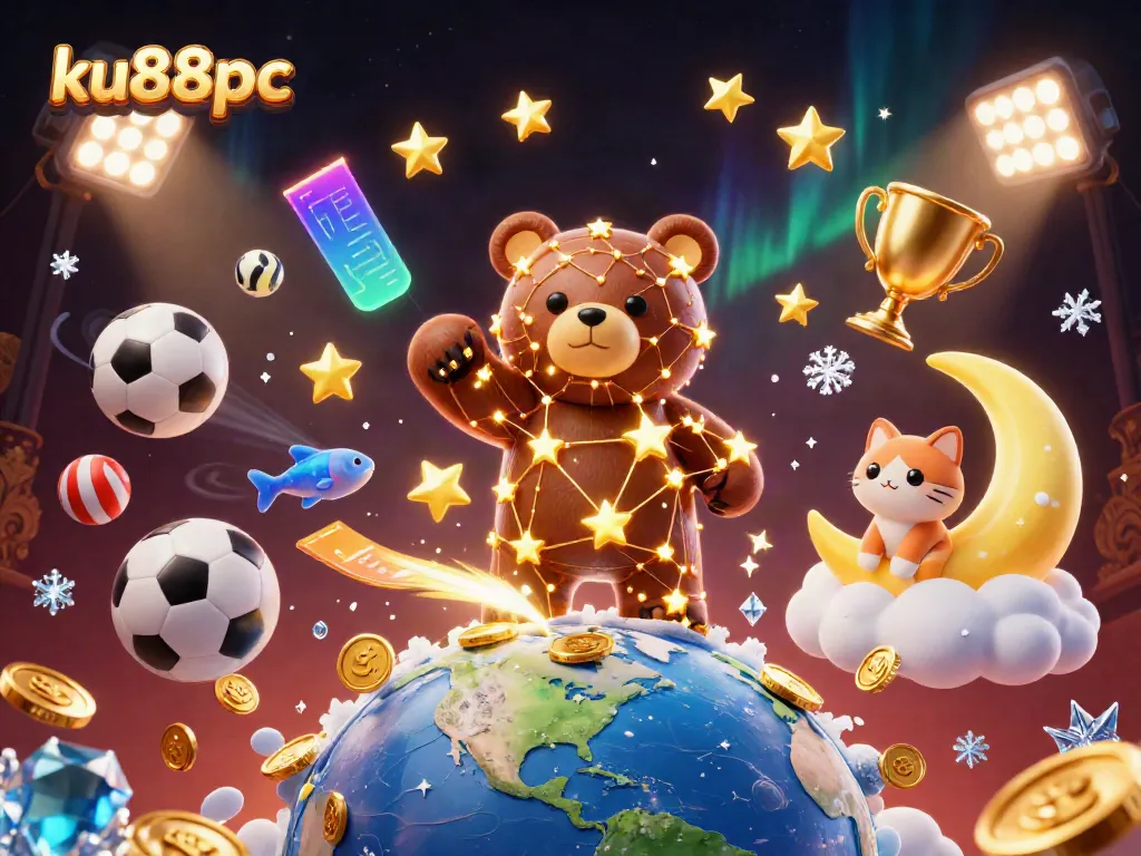Experience the thrills of ku88pc with stars and sports elements in a vibrant 3D casino scene.