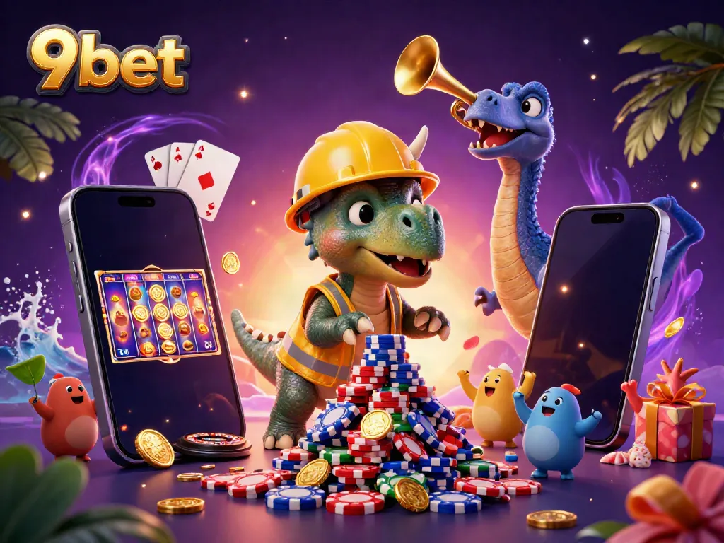 Engage with 9bet's vibrant gaming scene featuring poker chips, celebrations, and colorful slot games.