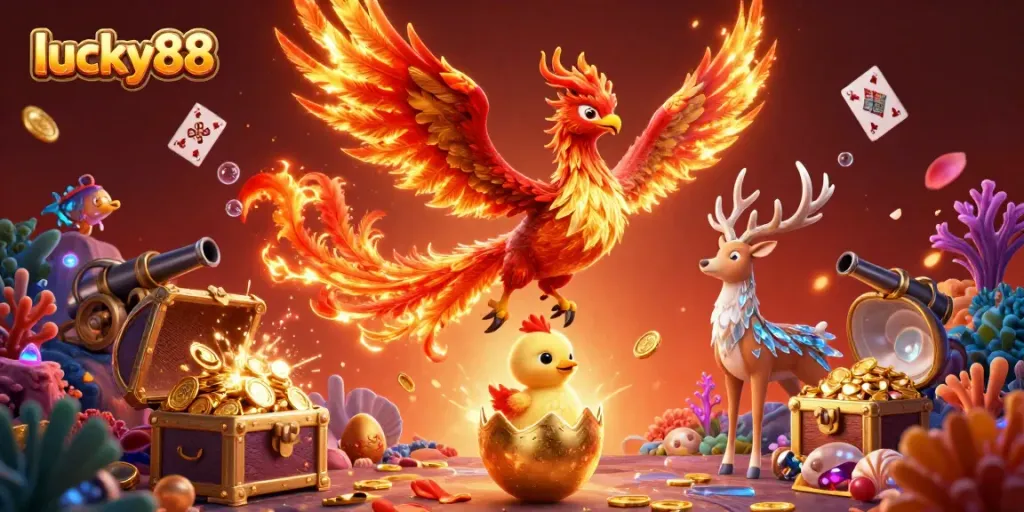 Experience the vibrant world of lucky88 as a majestic phoenix soars among treasures and gaming elements.