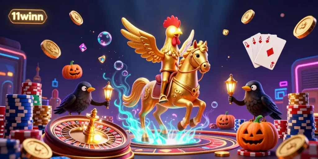 Experience 11winn excitement with a vibrant midnight casino scene featuring golden rooster and crow in action.