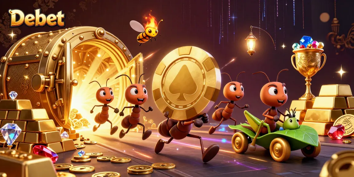 Debet ants executing a golden poker chip heist amid treasures and casino excitement.
