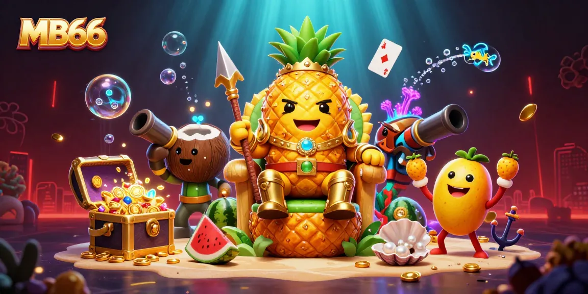 Experience the excitement of MB66 as the golden pineapple king rules a beach casino, surrounded by tropical characters.