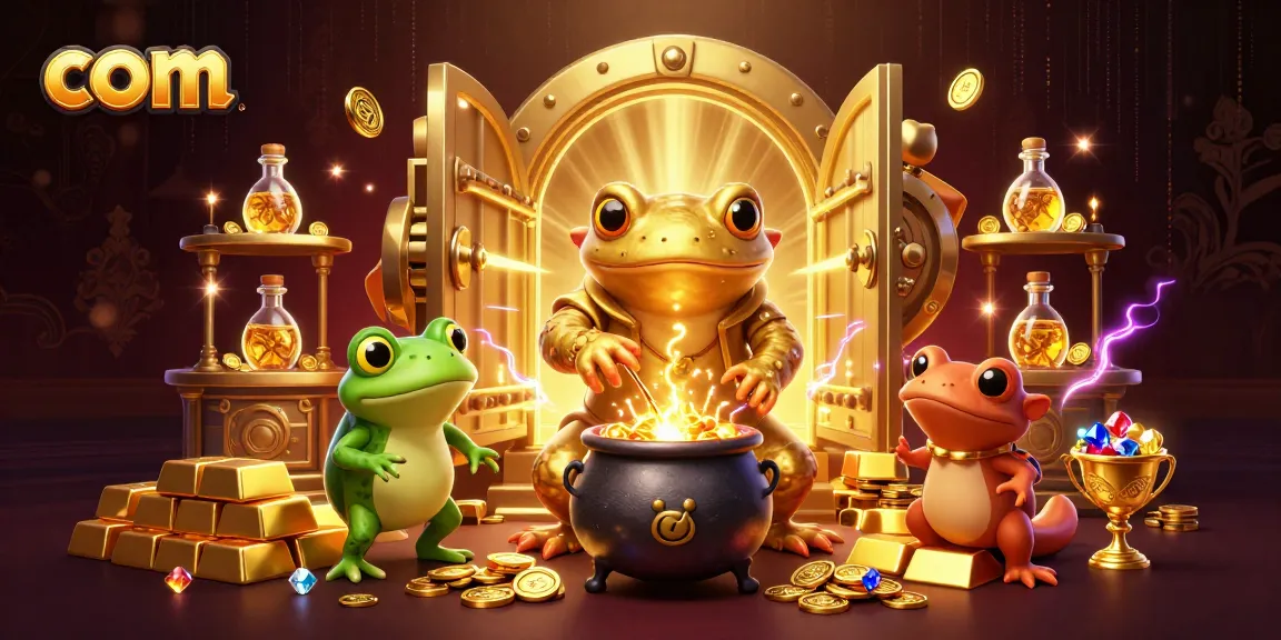 Engage with com through vibrant 3D casino scene depicting alchemist, frog apprentice, and newt assistants.