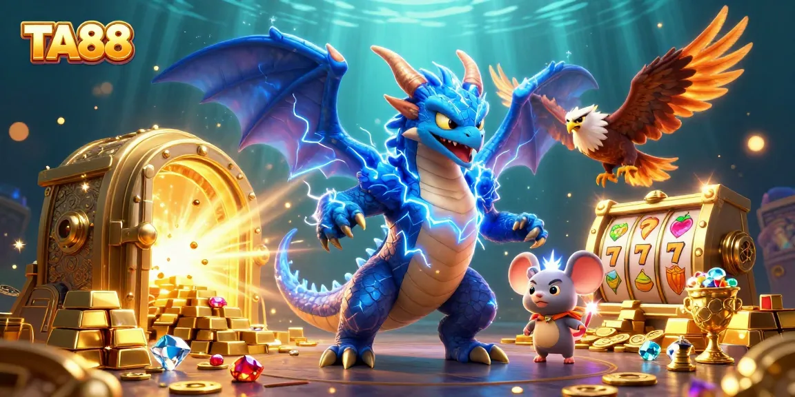 Engage with TA88's thrilling 3D illustration showcasing vibrant casino elements and characters.