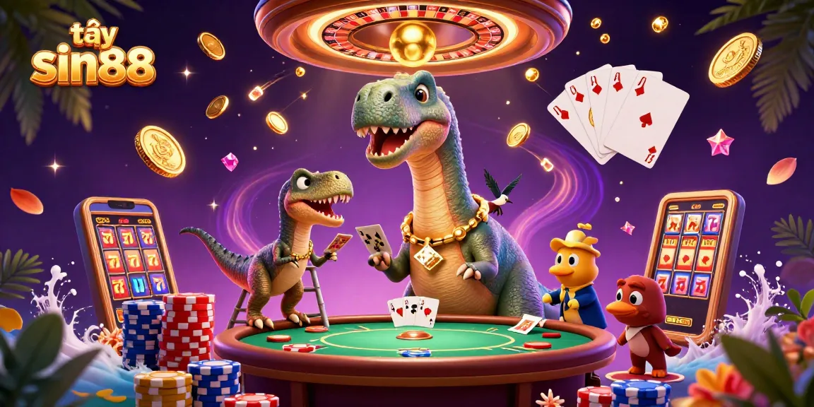 Experience the excitement at tại sin88 as a clever raptor deals cards under a towering brontosaurus.