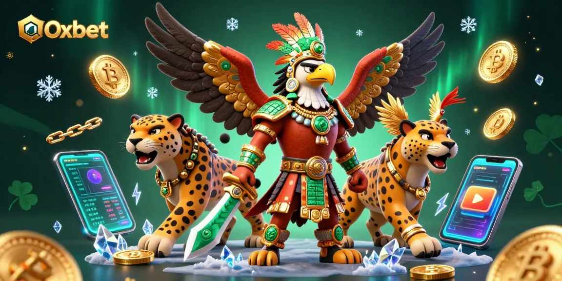 Engage with Oxbet as the Aztec warrior and companion celebrate cryptocurrency gameplay.
