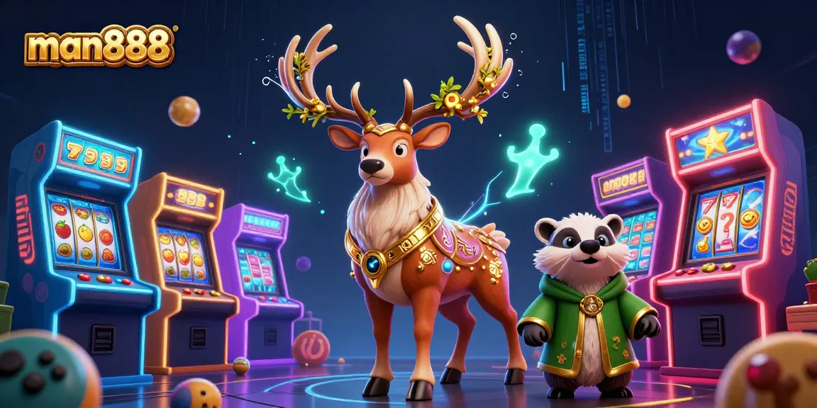Play engaging games like slots with man888's immersive 3D illustration of a druid stag and a badger.