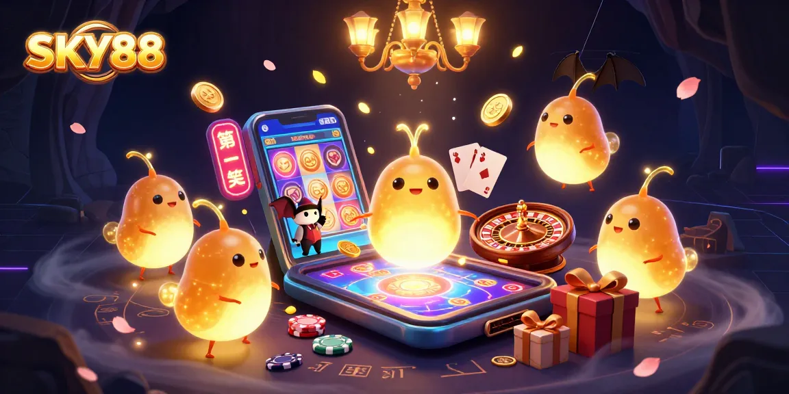 Experience thrilling games at SKY88 with a vibrant casino scene featuring glowing casino elements and a bat dealer.