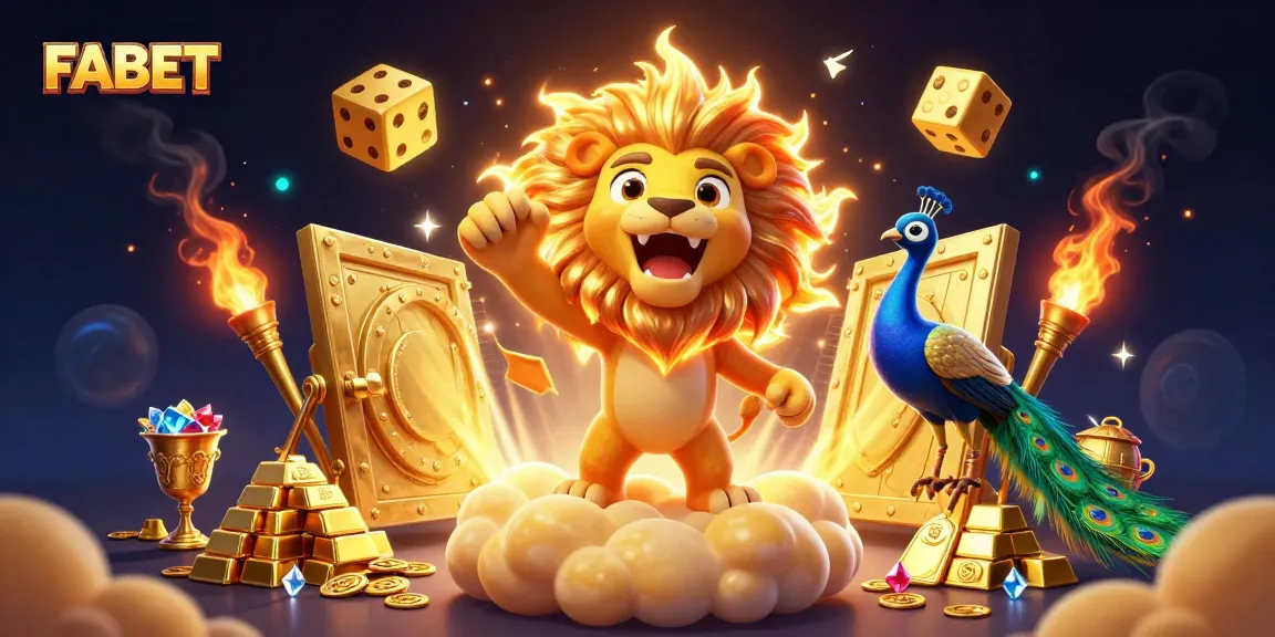 Engage in thrilling gameplay at FABET with a vibrant illustrated casino scene featuring a roaring lion and festive treasures.