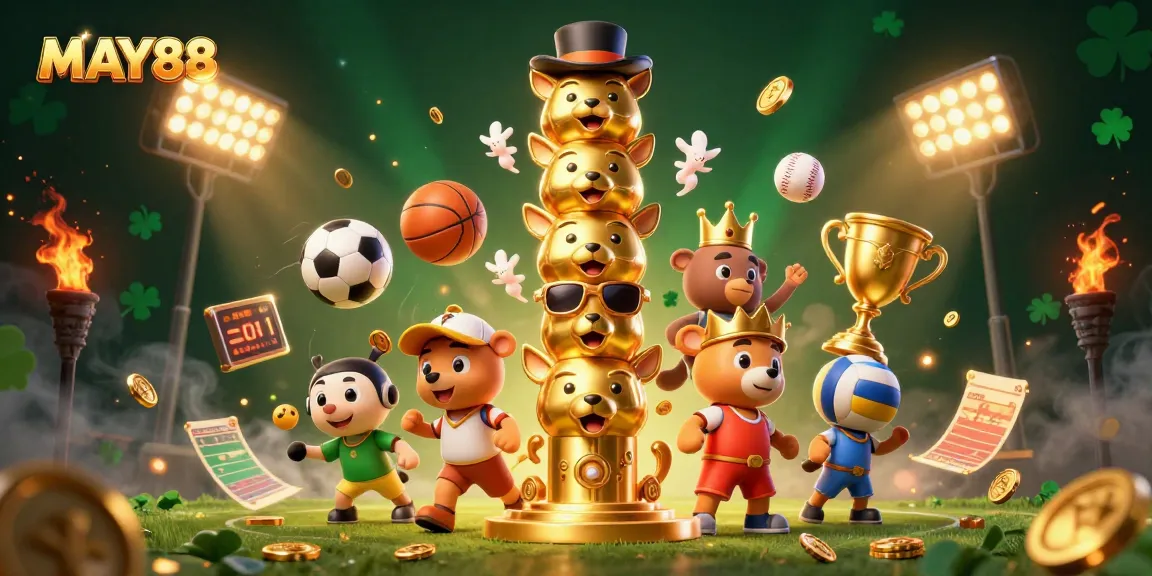 MAY88 elevates your gaming with thrilling sports elements and a vibrant totem, showcasing a rich casino experience.
